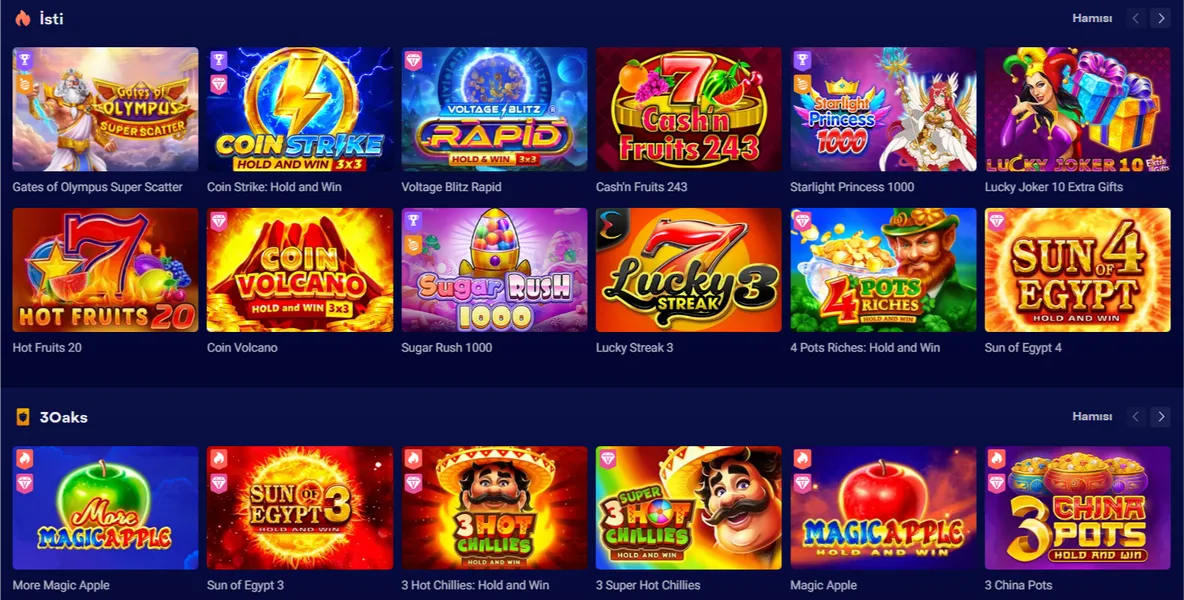 Olymp kazino oyunlarının kataloqu və yüksək RTP-li slotlar